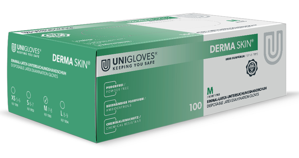 Unigloves Latexhandschuhe DERMA SKIN  vers. Größen XS-L 100 Stück/Box