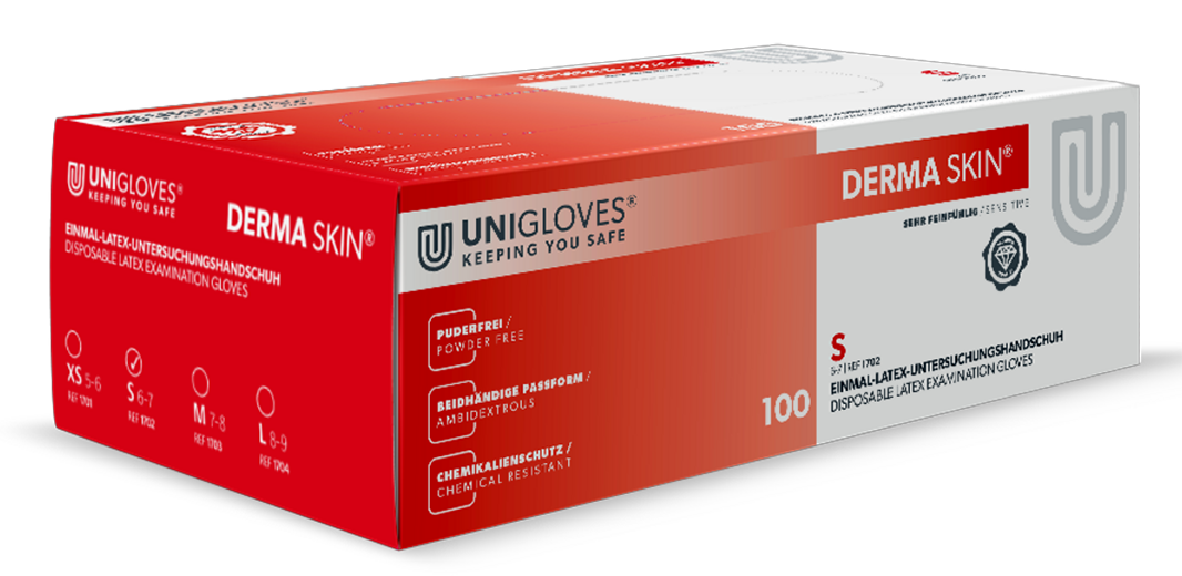 Unigloves Latexhandschuhe DERMA SKIN  vers. Größen XS-L 100 Stück/Box