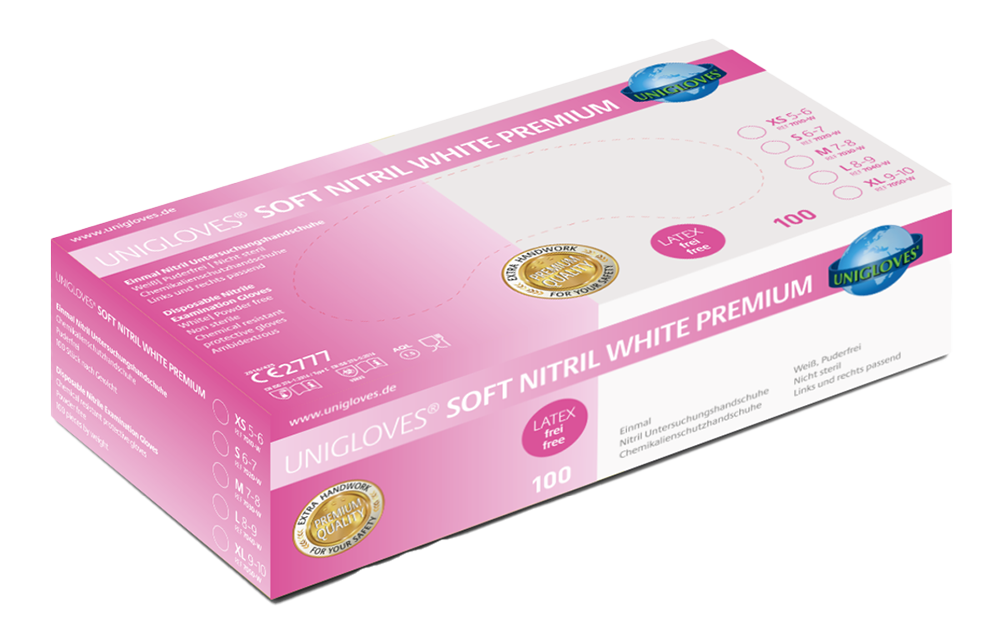 Unigloves Nitrilhandschuhe Soft Nitril WHITE Premium vers. Größen XS-XL 100 St./Box