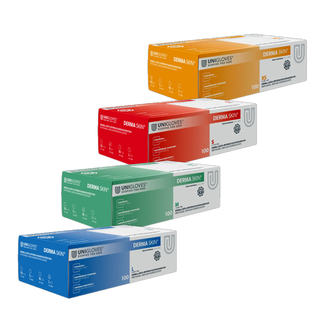 Unigloves Latexhandschuhe DERMA SKIN  vers. Größen XS-L 100 Stück/Box Unigloves Latexhandschuhe DERMA SKIN  vers. Größen XS-L 100 Stück/Box