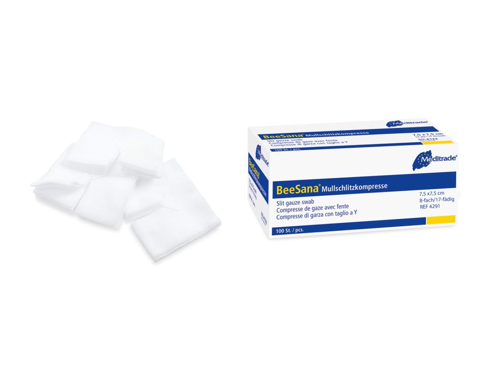 Beesana® | Mullschlitzkompressen | Unsteril | 7,5 x 7,5 cm | 8-fach | 100 Stück Beesana® | Mullschlitzkompressen | Unsteril | 7,5 x 7,5 cm | 8-fach | 100 Stück