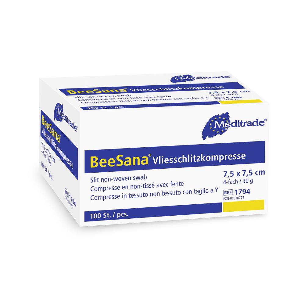 Beesana® | Vlies-Schlitzkompressen | Unsteril | 10 x 10 cm | 4-fach | 100 Stück/Packung Beesana® | Vlies-Schlitzkompressen | Unsteril | 10 x 10 cm | 4-fach | 100 Stück/Packung