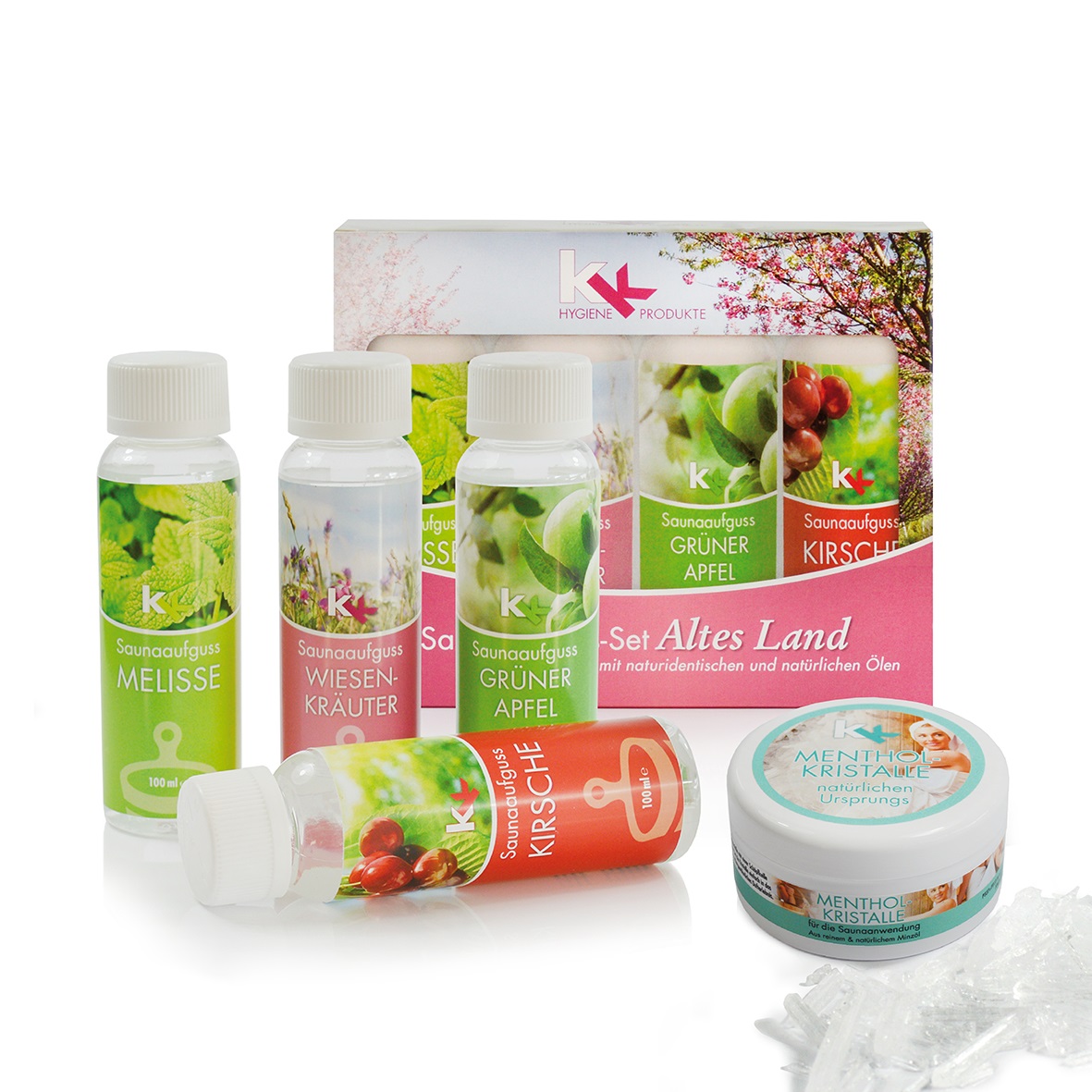 KK Saunaaufguss Set Altes Land | Saunakonzentrat | 4 x 100 ml/Flasche inkl. 50 g Mentholkristalle KK Saunaaufguss Set Altes Land | Saunakonzentrat | 4 x 100 ml/Flasche inkl. 50 g Mentholkristalle