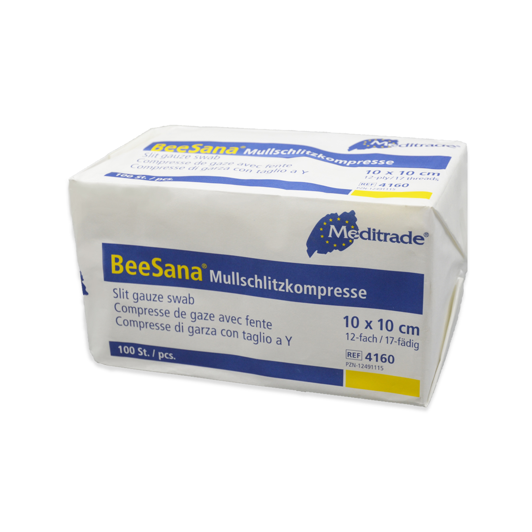 Beesana® | Schlitzkompressen | Unsteril | 10 x 10 cm | 12-fach | 100 Stück Beesana® | Schlitzkompressen | Unsteril | 10 x 10 cm | 12-fach | 100 Stück