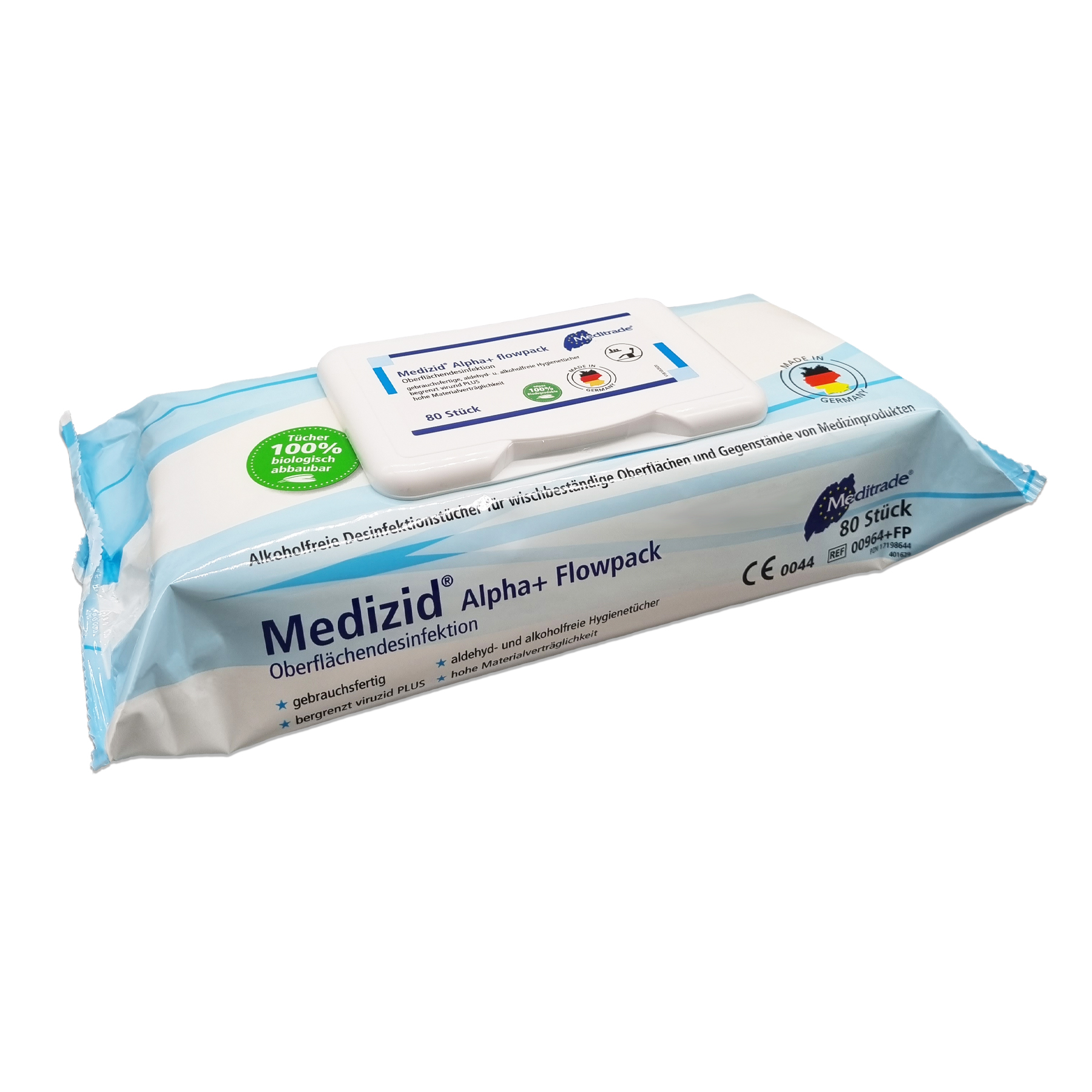 Meditrade Medizid® Alpha+ Flowpack | Alkoholfreie Desinfektionstücher | 80 Tücher