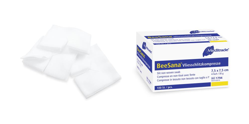 Beesana® | Vlies-Schlitzkompressen | Unsteril | 7,5 x 7,5 cm | 4-fach | 100 Stück/Packung Beesana® | Vlies-Schlitzkompressen | Unsteril | 7,5 x 7,5 cm | 4-fach | 100 Stück/Packung