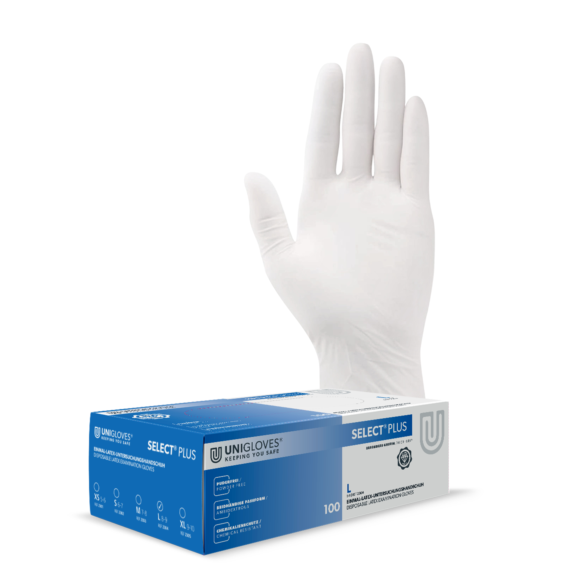 Unigloves Select Plus Latexhandschuhe 8-9 Large 100 Stück/Box Unigloves Select Plus Latexhandschuhe 8-9 Large 100 Stück/Box