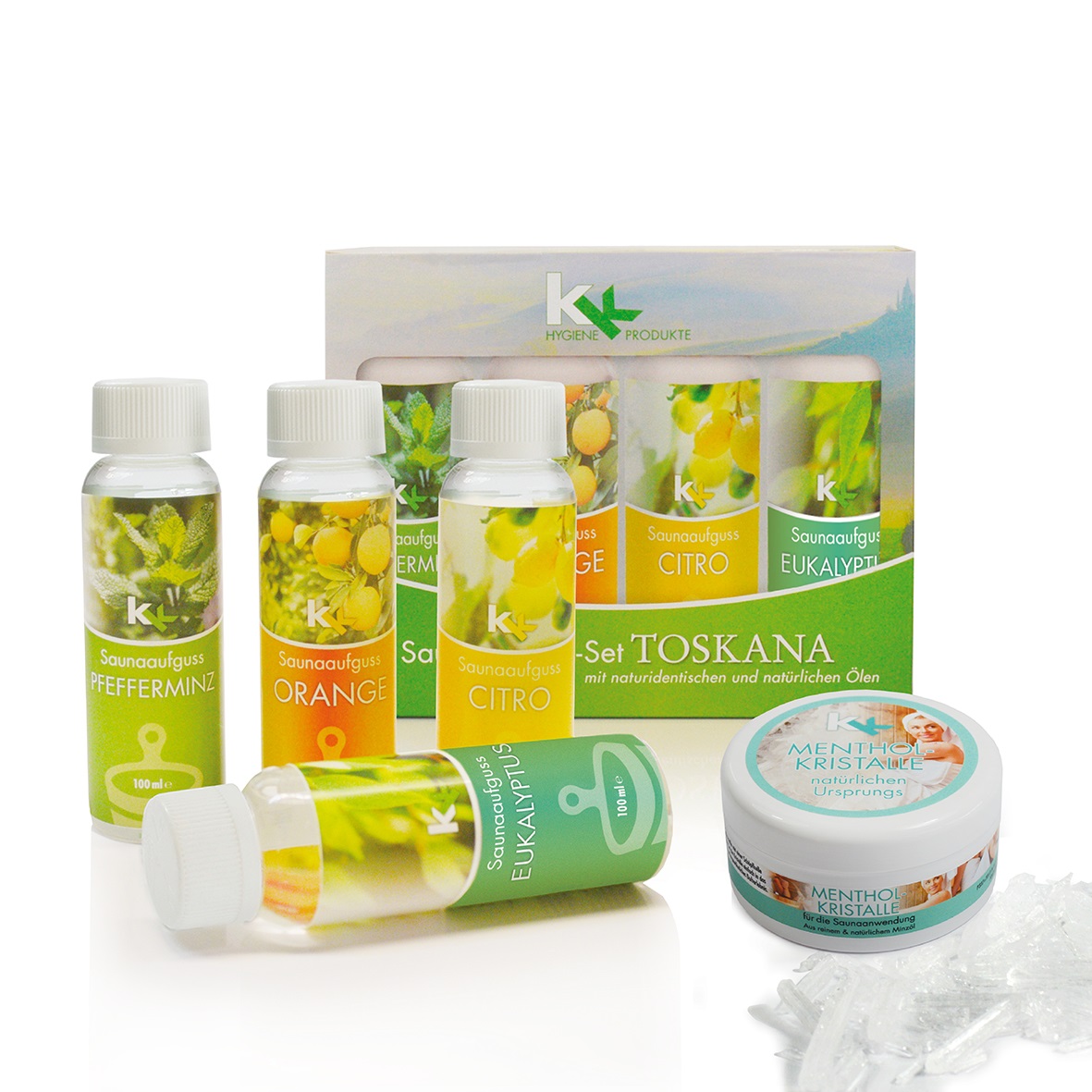KK Saunaaufguss Set Toskana | 4 x 100 ml/Flasche inkl.Mentholkristalle 50 g Dose KK Saunaaufguss Set Toskana | 4 x 100 ml/Flasche inkl.Mentholkristalle 50 g Dose
