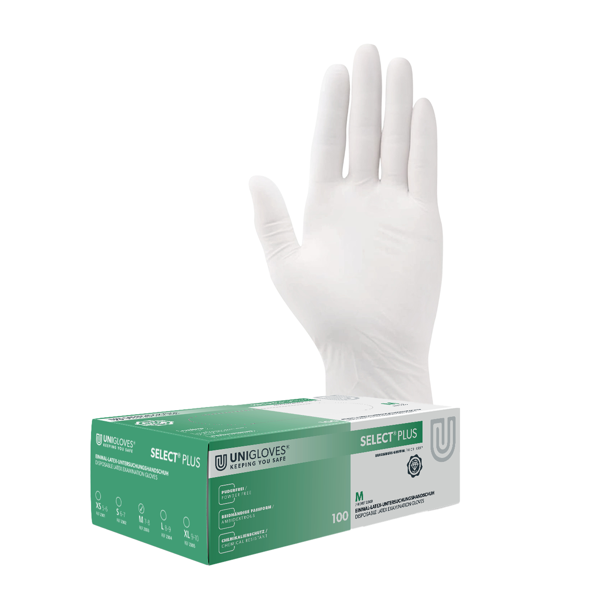 Unigloves Select Plus Latexhandschuhe 7-8 Medium 100 Stück/Box Unigloves Select Plus Latexhandschuhe 7-8 Medium 100 Stück/Box