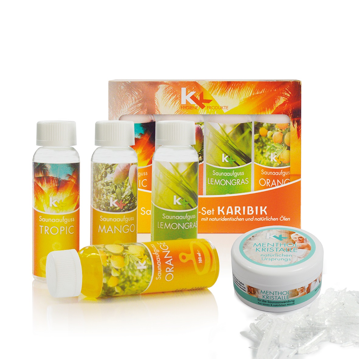 KK Saunaaufguss Set Karibik | 4 x 100 ml/Flasche inkl.Mentholkristalle 50 g Dose