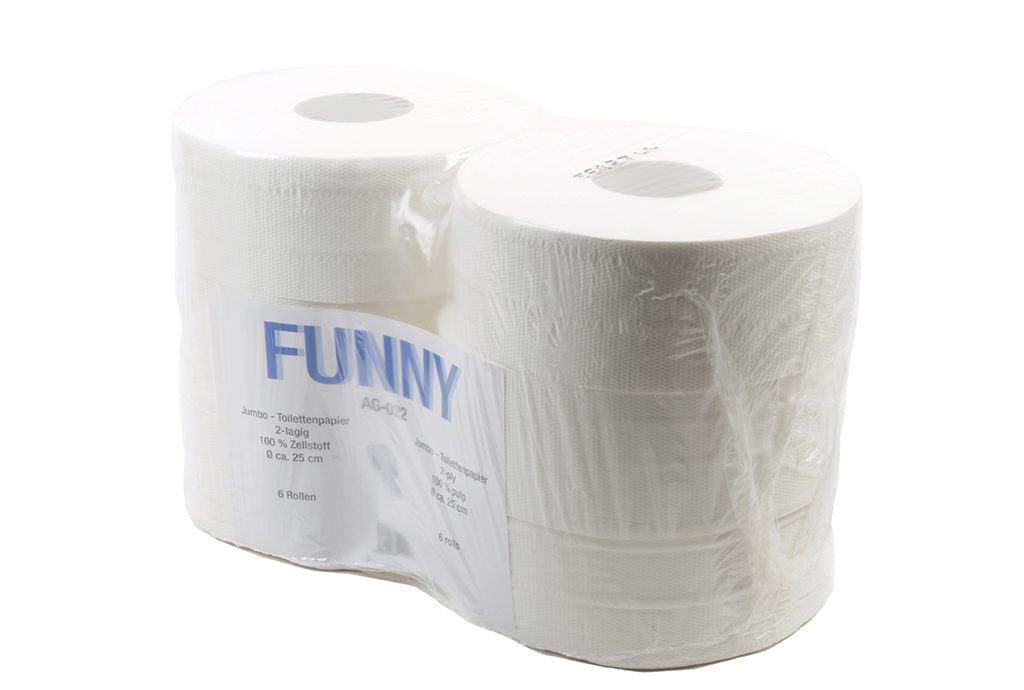 Jumbo Toilettenpapier | Weiß | ca. Ø 25 cm | 2-lagig | 6 Rollen/Beutel | AG-022 Jumbo Toilettenpapier | Weiß | ca. Ø 25 cm | 2-lagig | 6 Rollen/Beutel | AG-022