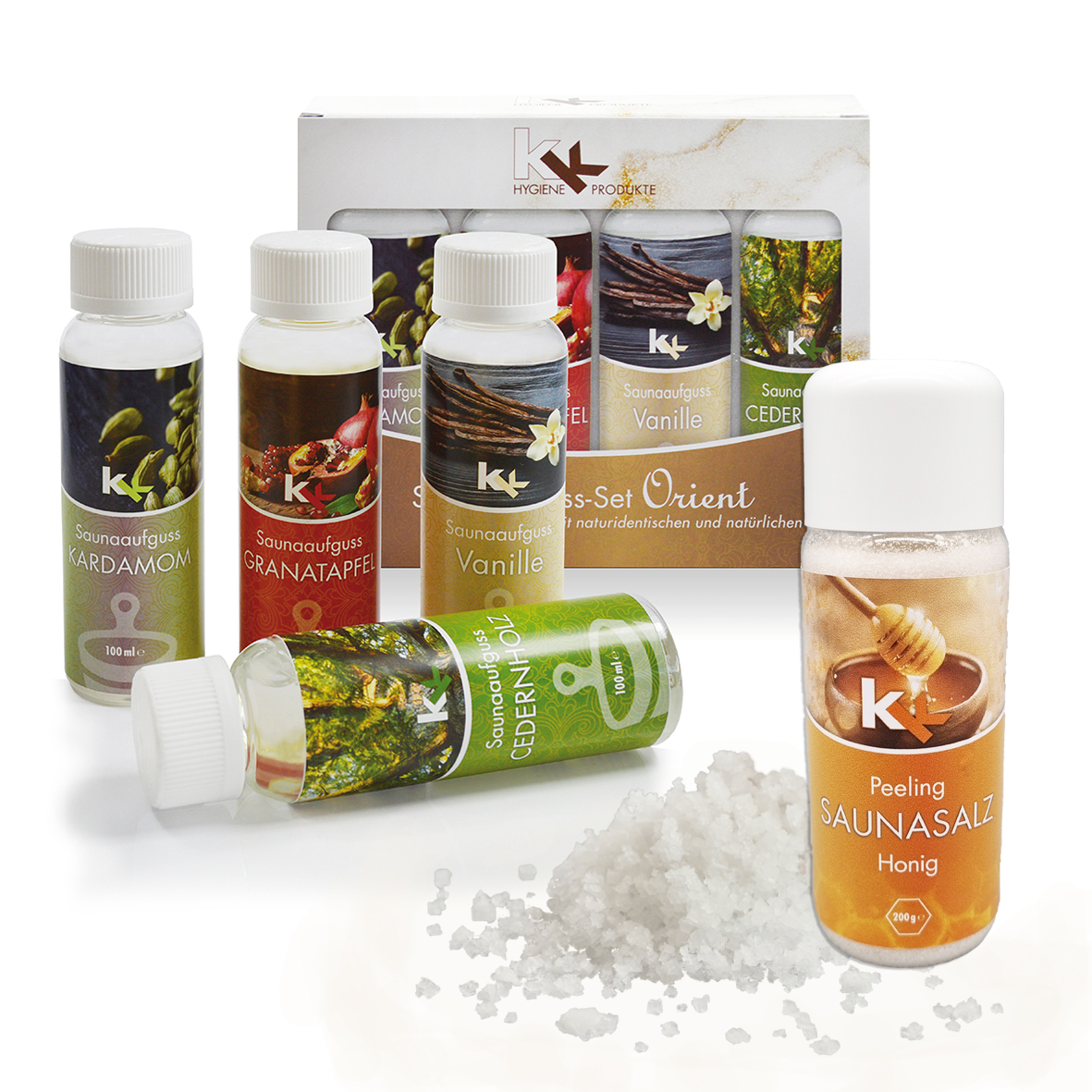 KK Saunaaufguss Set Orient | Saunakonzentrat | 4 x 100 ml/Flasche + 200g Sauna Salz | KK Saunaaufguss Set Orient | Saunakonzentrat | 4 x 100 ml/Flasche + 200g Sauna Salz |