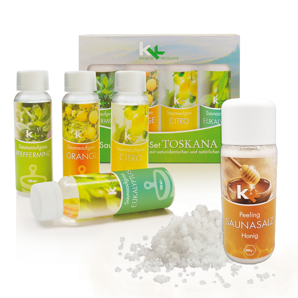 KK Saunaaufguss Set Toskana | Saunakonzentrat | 4 x 100 ml/Flasche + 200g Sauna Salz KK Saunaaufguss Set Toskana | Saunakonzentrat | 4 x 100 ml/Flasche + 200g Sauna Salz