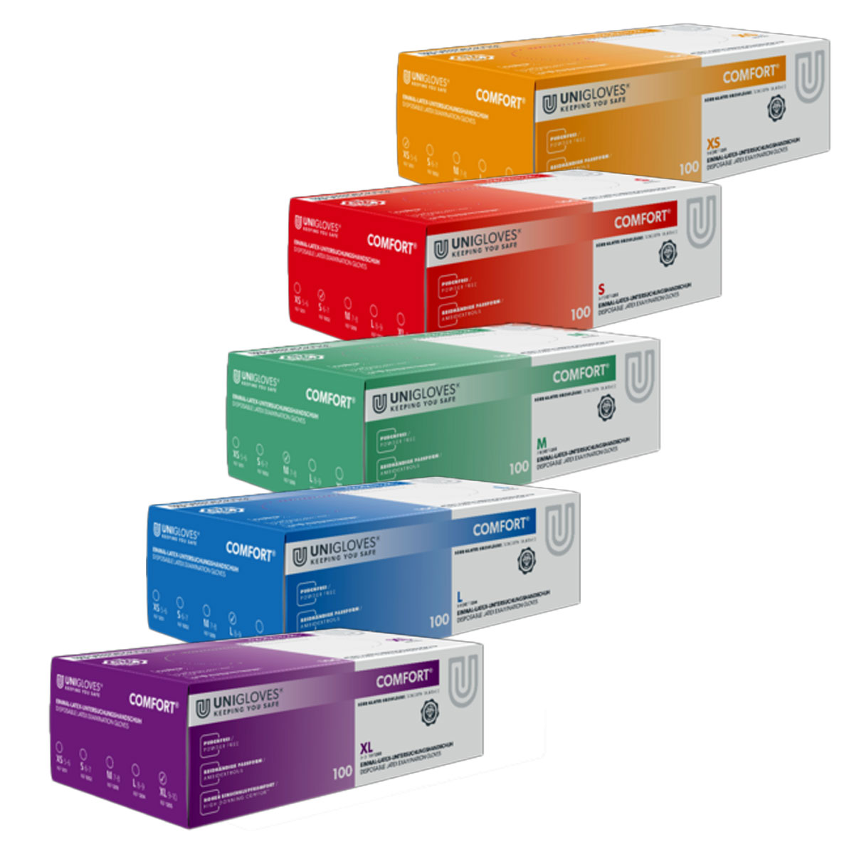 Unigloves Latexhandschuhe COMFORT 100 Stück/Box  vers. Gr.  XS-XL Unigloves Latexhandschuhe COMFORT 100 Stück/Box  vers. Gr.  XS-XL