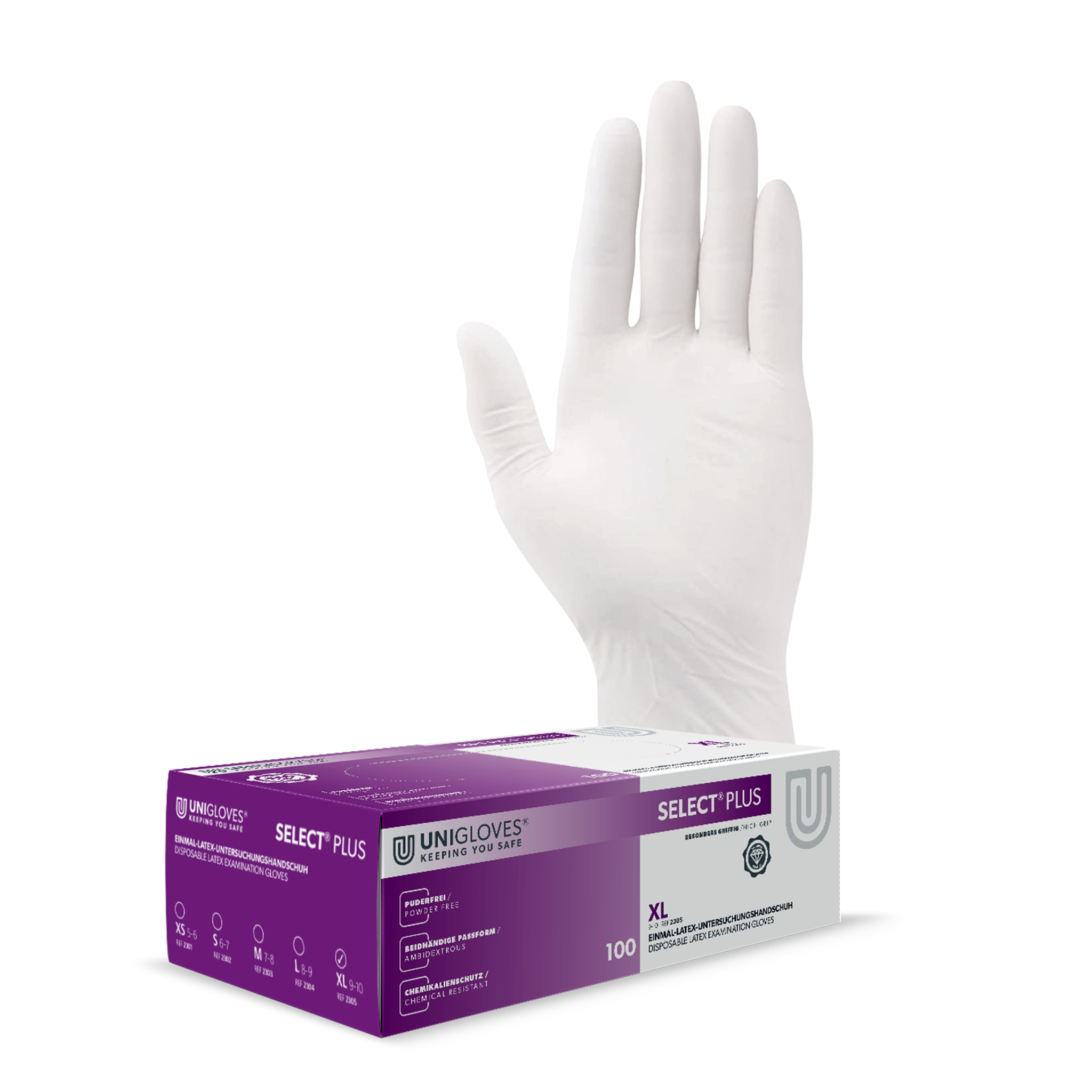 Unigloves Select Plus Latexhandschuhe 9-10 X-Large 100 Stück/Box Unigloves Select Plus Latexhandschuhe 9-10 X-Large 100 Stück/Box