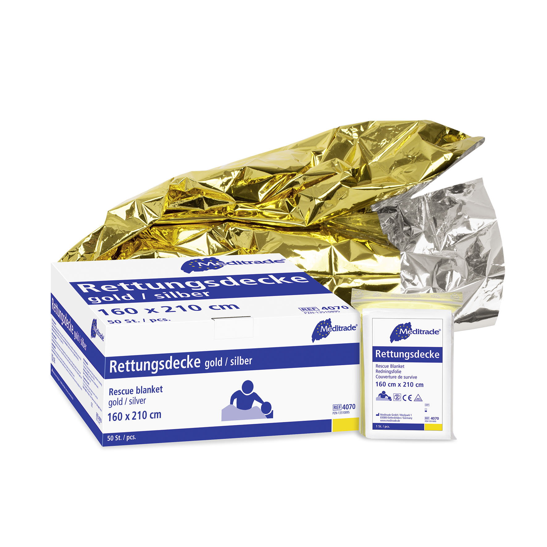 Rettungsdecke | 160 x 210 cm | Gold/Silber | 50 Stück/Packung Rettungsdecke | 160 x 210 cm | Gold/Silber | 50 Stück/Packung