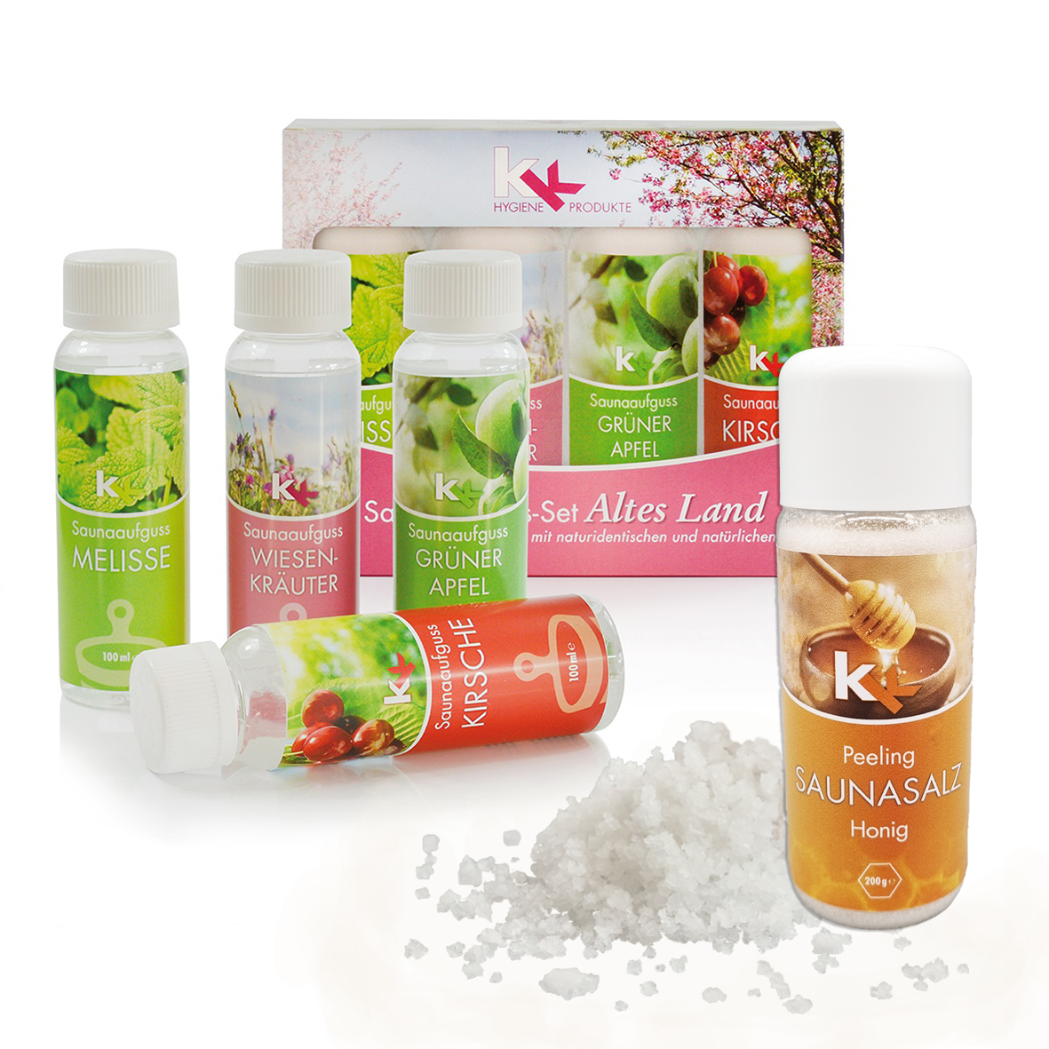 KK Saunaaufguss Set Altes Land | Saunakonzentrat | 4 x 100 ml/Flasche + 200g Sauna Salz |