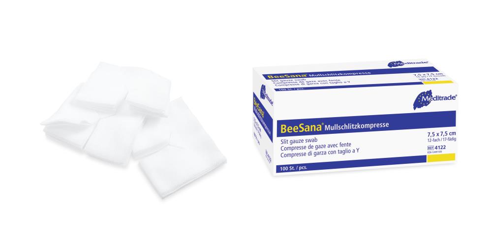 Beesana® | Schlitzkompressen | Unsteril | 7,5 x 7,5 cm | 12-fach | 100 Stück Beesana® | Schlitzkompressen | Unsteril | 7,5 x 7,5 cm | 12-fach | 100 Stück