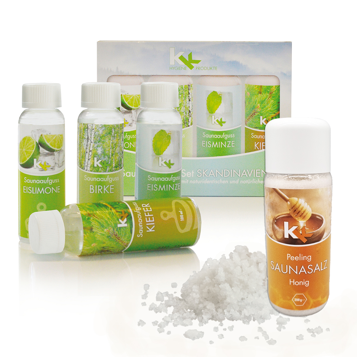KK Saunaaufguss Set Skandinavien | Saunakonzentrat | 4 x 100 ml/Flasche + 200g Sauna Salz | KK Saunaaufguss Set Skandinavien | Saunakonzentrat | 4 x 100 ml/Flasche + 200g Sauna Salz |