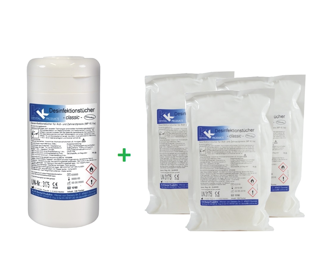 KK Desinfektionstücher 1 Dose mit 120 Tücher + 3 Nfb. 120 St. Duft Classic KK Desinfektionstücher 1 Dose mit 120 Tücher + 3 Nfb. 120 St. Duft Classic
