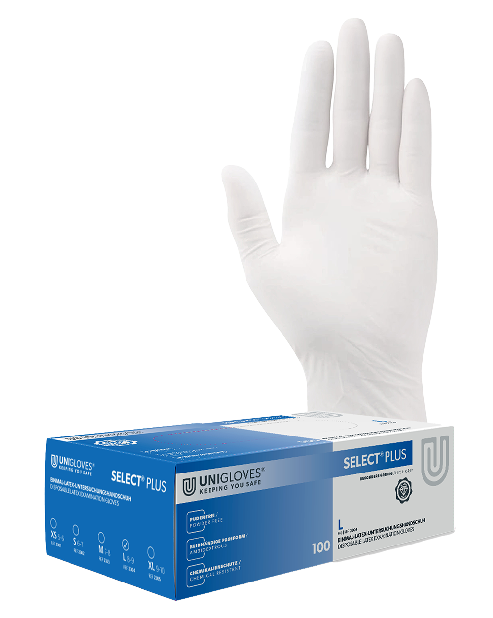 Unigloves Select Plus Latexhandschuh Box mit 100 Stück Größe: 8-9 large