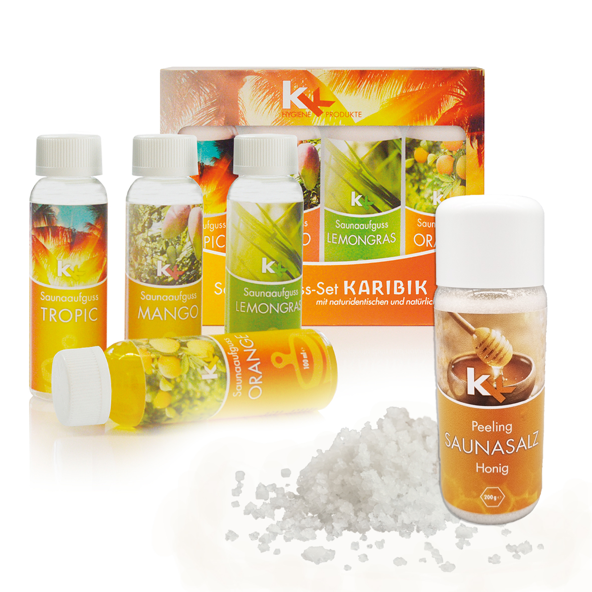 KK Saunaaufguss Set Karibik | Saunakonzentrat | 4 x 100 ml/Flasche + 200g Sauna Salz | KK Saunaaufguss Set Karibik | Saunakonzentrat | 4 x 100 ml/Flasche + 200g Sauna Salz |