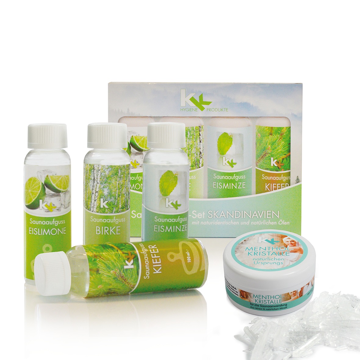 KK Saunaaufguss Set Skandinavien | 4 x 100 ml/Flasche inkl.Mentholkristalle 50 g Dose KK Saunaaufguss Set Skandinavien | 4 x 100 ml/Flasche inkl.Mentholkristalle 50 g Dose