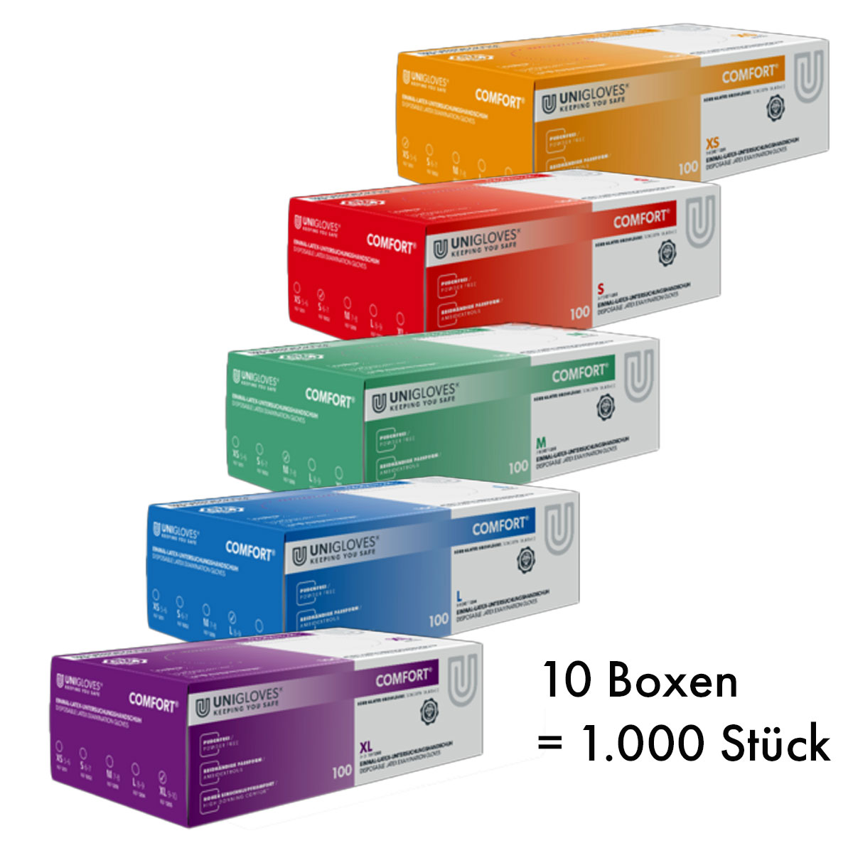 Unigloves Latexhandschuhe COMFORT 1000 Stück/ Karton  Gr. XS-XL Unigloves Latexhandschuhe COMFORT 1000 Stück/ Karton  Gr. XS-XL